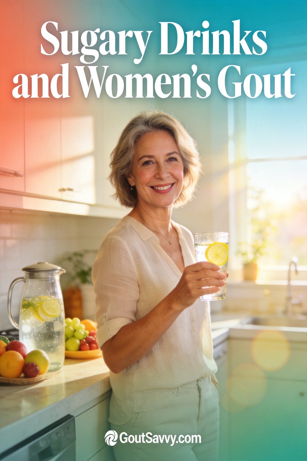 Woman holding lemon water in sunlit kitchen - sugary drinks and women's gout