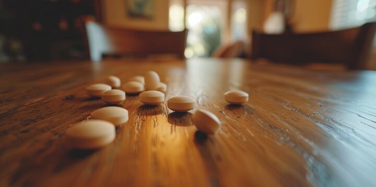 White pills scattered on a wooden table representing gout medication choices