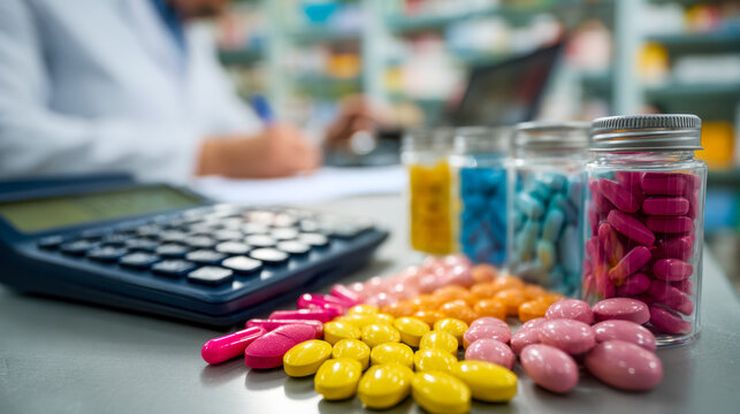 Prescription medications and pills on a pharmacy counter