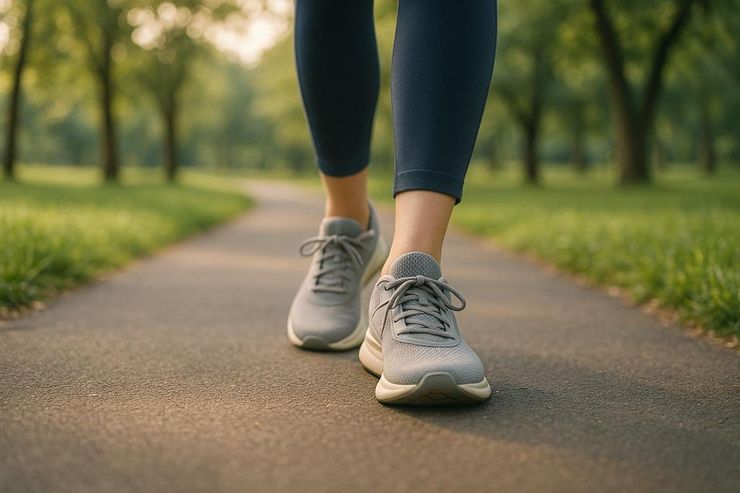 Walking in cushioned athletic shoes on a park path after gout flare pain settles