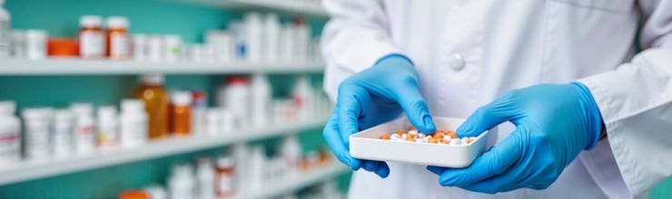 Pharmacist in blue gloves counting pills on a counting tray in a pharmacy