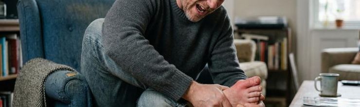 Man sitting in an armchair gripping a swollen red big toe during a painful gout flare
