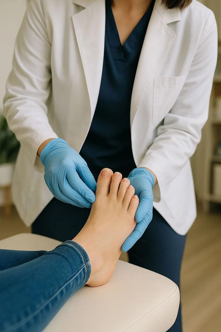 Doctor examining a patient's swollen red foot during a medical consultation in a clinic