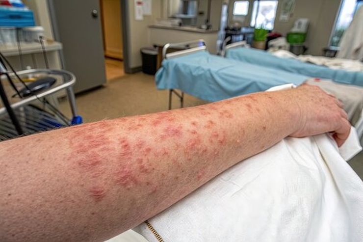 A man examining small red spots on his forearm after starting a new gout medication
