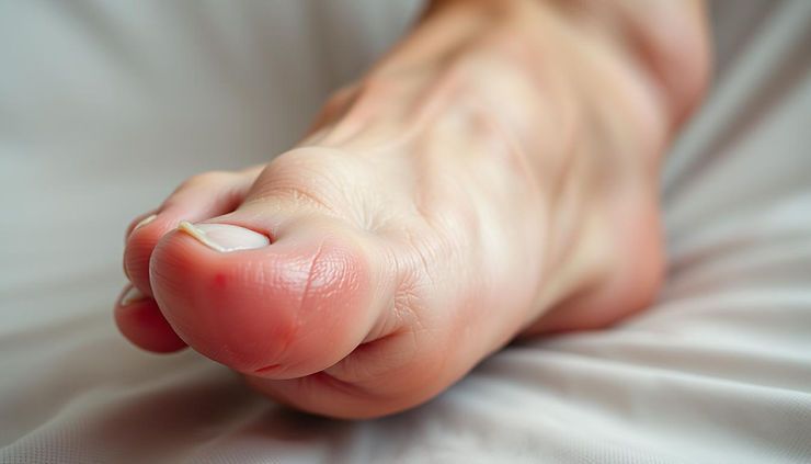 A foot resting on bedding with a red, swollen big toe during a gout flare