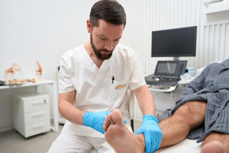 A doctor examining a patient's swollen ankle and foot during evaluation for gout versus joint infection